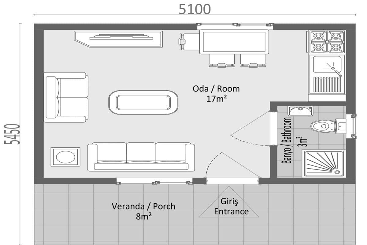 28 m² Prefabrik Ev 1+0