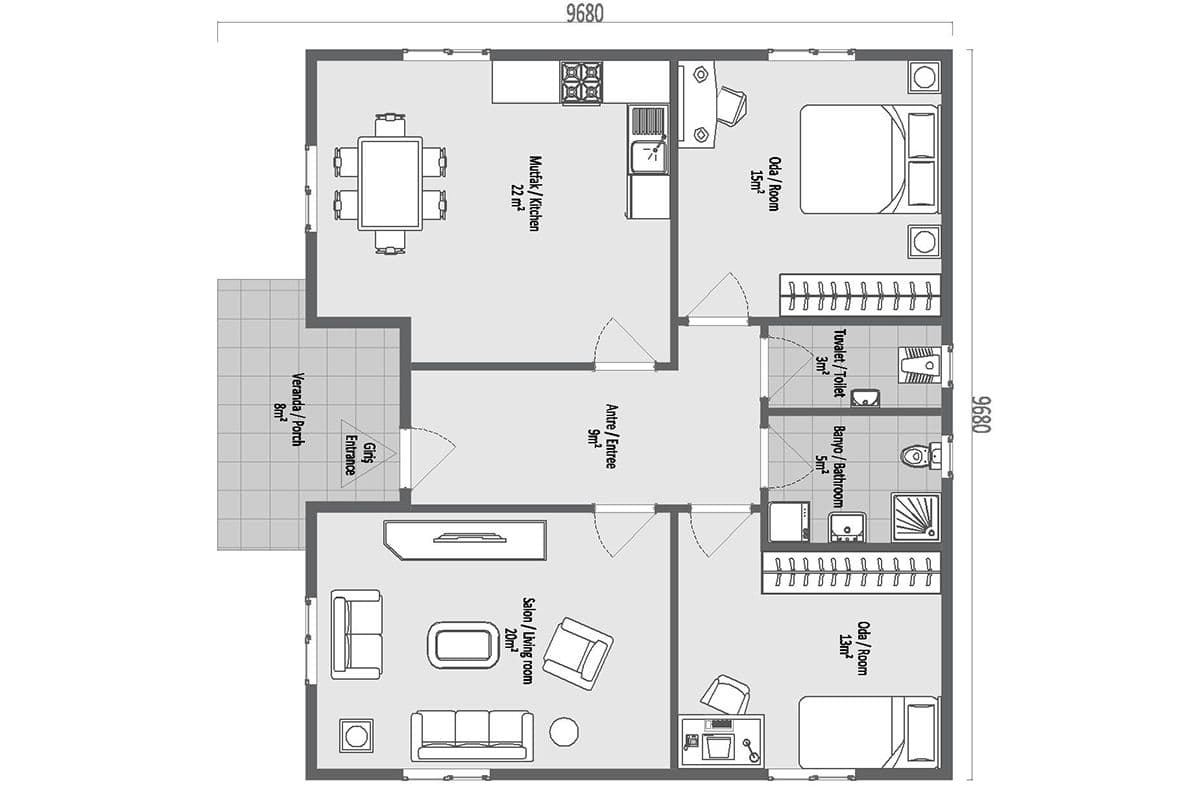 95 m² Çelik Ev 2+1